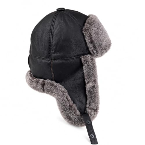 Image of Leather Aviator Russian Ushanka Trapper Shearling Sheepskin Fur Ear Flap Waterproof Winter Hat