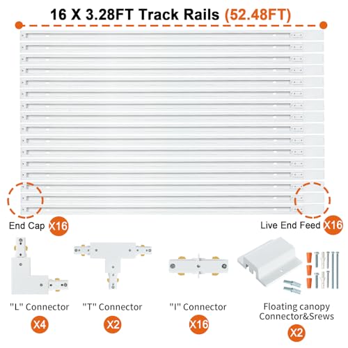 Zanixor 52FT H Track Lighting Rail Kit, White H Type Track Lighting Rails with Floating Canopy Connector, I&L&T Connector, End Caps and Live End Feed for 120V H Style 3-Wire Track Heads by Zanixor - Image 2