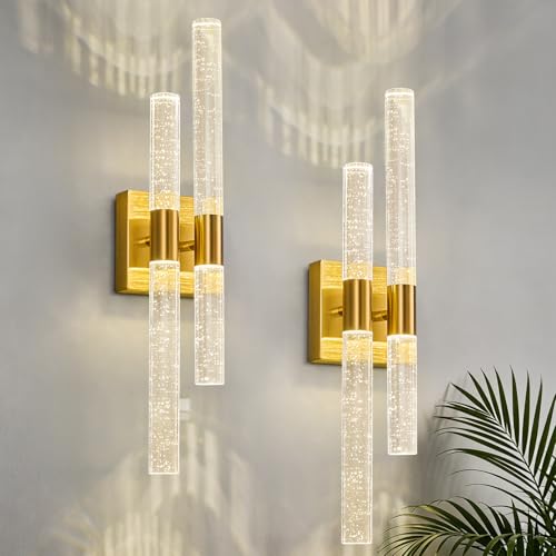 Image of Crystal Wall Sconces Set of Two LED Bathroom Vanity Light Fixtures Gold 21.25in 4000K Vertical and Horizontal Wall Mounted Sconces for Bedroom, Living Room, Hallway