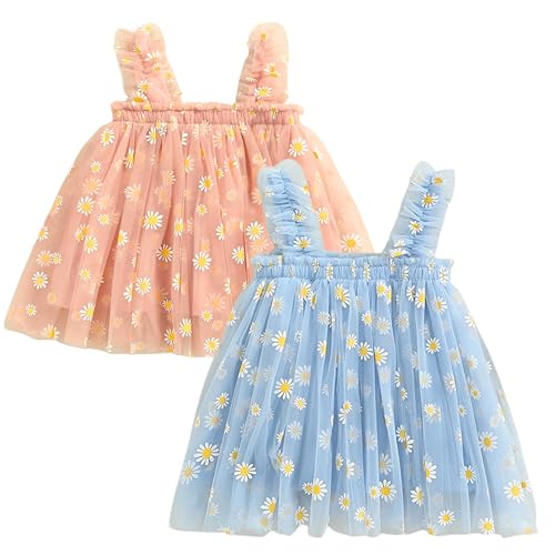 Image of TotzTouch Baby Girls Knee-Length Dress | Frock Cami Strap Flared Printed Net Sleeveless Gown