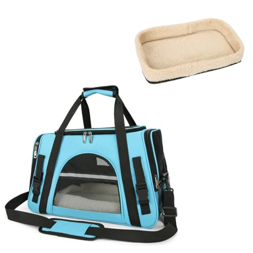 ペットキャリー バッグ ペットバッグ 3way ペット キャリー 猫/犬/うさぎ用小屋 折りたたみ 通気性 臭気がない 車載/ドライブ/キャンピング/旅行/通院/災害避難用 軽量 ペットベッド メッシュ ソフトマット付き(ブルー)