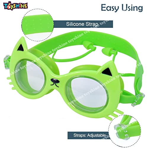 Image of Toyshine Swim Goggles, (Cat Design) Anti Fog No Leaking Clear Vision Water Pool Swimming Goggles (Age 6-14), Green