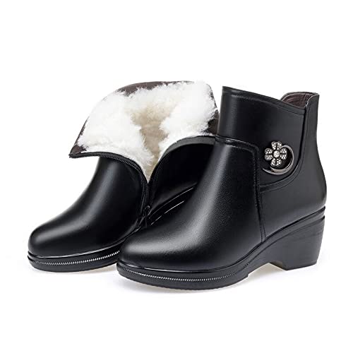 Dabeigouzxuezn Botas de Pelo Mujer Botas de Invierno Mujeres de Cuero Genuino de tamaño Grande Madre cuña Bota Botas de Plataforma Negra Botas de Tobillo de Lana Gruesas (Shoe Size : 36) Cover