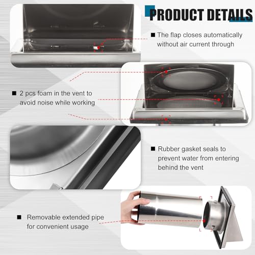 Image of Gisafai 4 inch Dryer Vent Cover Outside with Stainless Steel Guard Wall Dryer Exhaust Cap and Removable Extended Pipe Vent Shroud Hood Cushioned Non Return Flap with Sealing Gasket Grille(Silver)