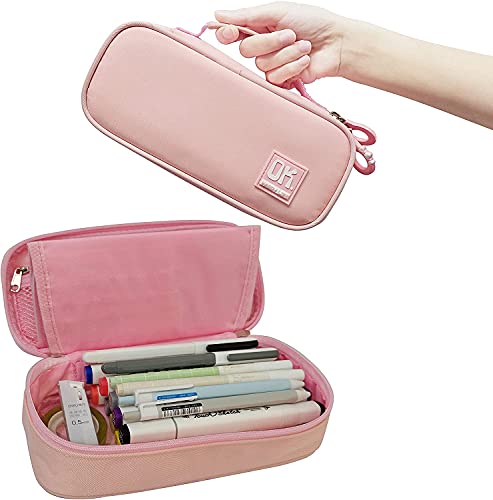 Crayon cas Grand, grande Capacité Crayon Sac Papeterie De Bureau Portable Maquillage Sac WordPad Conception Fournitures Scolaires Approprié pour Moyen Lycée Collège Étudiants filles Garçons (Pink) Cover