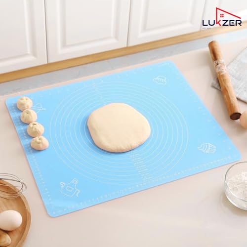 Image of Lukzer Baking Mat with Measurement Guides, Non Stick & Reusable Rolling Sheet for Dough Rolling Roti Chapati Pizza Fondant & Bread | BPA-Free Anti-Slip Waterproof Sheet 50 x 40 cm (Blue)