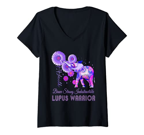 Femme Lupus Awareness Indestructible Warrior Purple Elephant Women T-Shirt avec Col en V