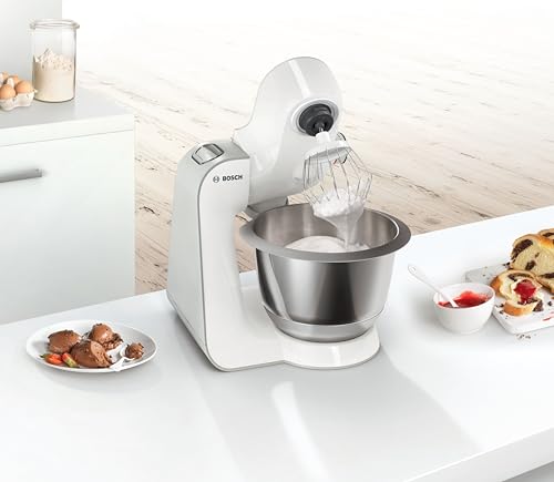 Bosch Küchenmaschine Serie 4, Knethaken, Rühr- & Schneebesen Edelstahl, Edelstahlschüssel spülmaschinenfest, 3D Rührsystem, weiß/silber, MUM58200