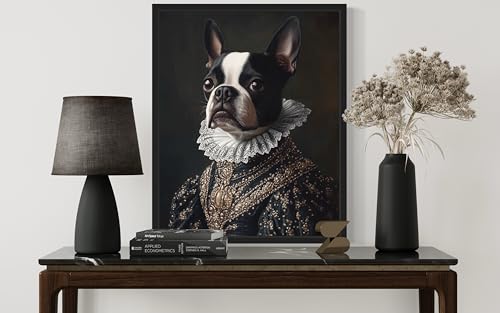 Image of Boston Terrier Victorian Queen Wall Art Print Poster, Dog Pet Lover Picture Painting Artwork Bedroom Living Room Office Dining Room 150D (Boston Terrier Victorian Queen, 16 x 20 inches, Black Frame)