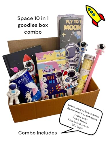 Image of Space theme Goody Box Combo Party Favor Supplies astronaut Return Gift Kids - Diary Mini Pocket Notebook with Pen Cute Keychain, Pouch & wallet