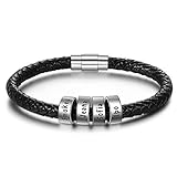FenFang Personalized Men Leather Bracelet with Beads Bracelets for Men Custom Name Bracelet Engraved Braid Black Bracelet with Charm Beads for Family (1-6 Beads) (4 Beads)
