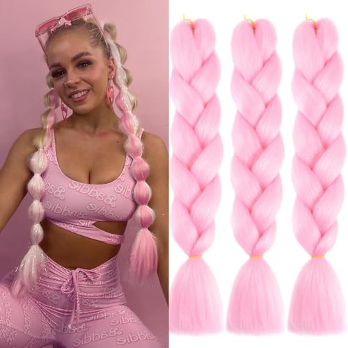 Jooceebaby Kunsthaar Zum Einflechten Easy Braid Vorgedehnte Braids Extensions Rosa HaarverläNgerungen 24 Zoll 3packs Haar Zum Einflechten Braids ZopfverläNgerungen (Light pink)