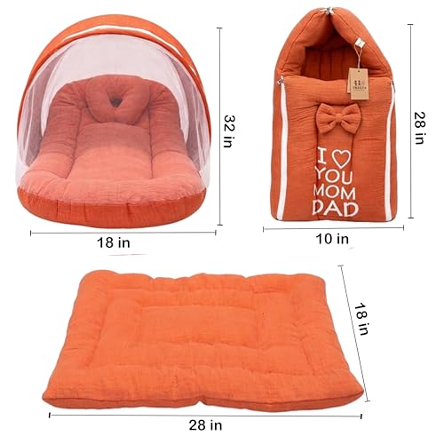 Image of Fareto Combo of Baby Bed with Net | Carry Bag | 4 Pcs Bedding Set (0-6 Months, Baby Size, Cotton) (Gajri M)