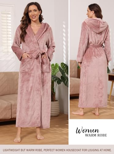 Image of Hellomamma Long Hooded Robe for Women Luxurious Flannel Fleece Full Length Bathrobe Winter Warm Pajamas Shower Nightgown
