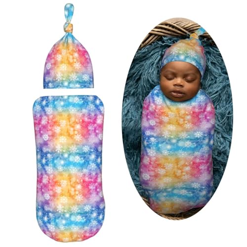 Image of White Snowflakes On Colorful Background Newborn Swaddle Blankets Hat Sets Soft Baby Receiving Blanket Swaddle Sack for Baby Shower Infant Boy Girl Gift