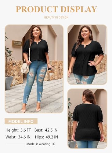 Eytino Women Plus Size Summer Tops Cute Puff Sleeve V Neck Casual Loose Blouse T Shirts(1X-5X)3