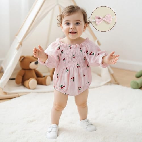 Baby Girl Fall Clothes Newborn Long Sleeve Cherry Smcoked Romper Infant Cute Bubble Onesie Shirt Winter Outfit2