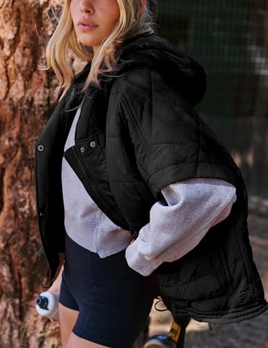 Womens Quilted Puffer Vest Poncho Short Sleeve Hooded Zip Up Padded Jacket Gilet Coat with Pockets4