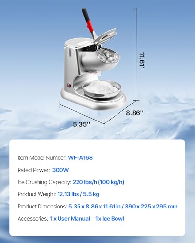 VEVOR Ice Crusher Machine, 220lbs Per Hour Electric 4 Blades Snow Cone Maker, Stainless Steel Shaved Ice Machine with Bowl and Cover, 300W 2000RPM Ice-Shaver for Home and Commercial Use, Silver - Thumbnail 7