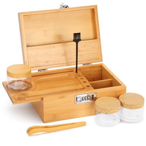 Fivebop Wooden Storage Box Tray Set Bamboo Home Decorative Stash Box with Combination Lock, Removable Tray, 3 Jars Great Gifts for Father's Day (Bamboo)