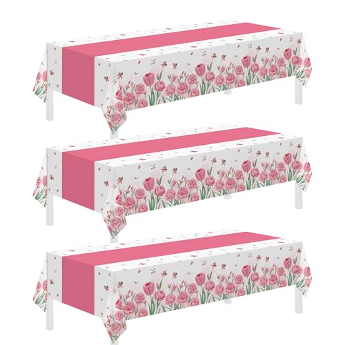 Childom 3 Pack Pink Tablecloth Disposable Floral Tulip Tablecloth 54 x 108 Plastic Rectangle Table Cover for Mothers Day Tea Party Decorations Birthday Butterfly Party Supplies