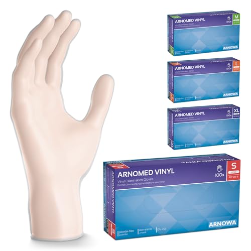 ARNOMED Guantes vinilo sin polvo talla S, 200 unidades (2 cajas), guantes vinilo desechables transparentes, guantes de vinilo sin polvo, guantes desechables vinilo en tallas S, M, L y XL