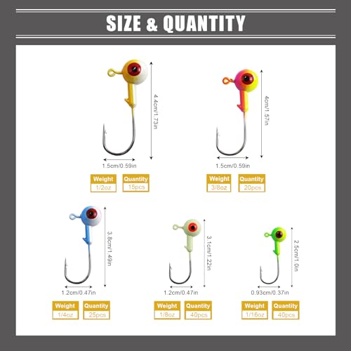 Cwsdxm Fishing Jig Heads Assorted Size Round Painted Ball Head Hooks For Walleye Bass Trout Crappie Jig Heads Freshwater Saltwater,1/2Oz 3/8Oz 1/4Oz 1/8Oz 15-40Pcs thumb #1