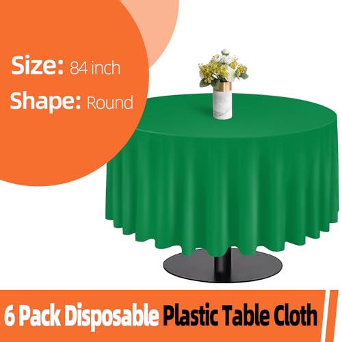 Image of Green 6 Pack Plastic Table Cloth 84 inch, Disposable Round Tablecloth Table Cover, Plastic Tablecloths for Parties