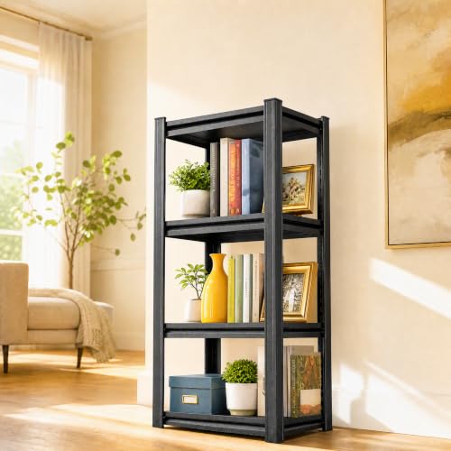 Image of 4 Tier Bookshelf Black Metal Book Shelf, Industrial Shelving Unit Storage Rack for Living Room Bedroom Office Kitchen, Heavy Duty Steel Bookcase Shelves Organizer for Books Plants Decor, Free Standing