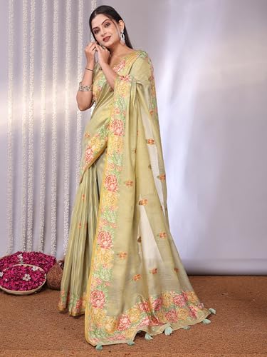 Image of SWORNOF Gold-Toned Woven Design Silk Zari Tissue Saree | Saree for Women | Soft and Skin Friendly