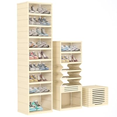 FAHKNS Shoe Storage Box,9 Tiers Easy Assembly Foldable Plastic Shoe Rack with Clear Door,Stackable Shoe Storage Bins Shoe Organizer for Entryway Closet