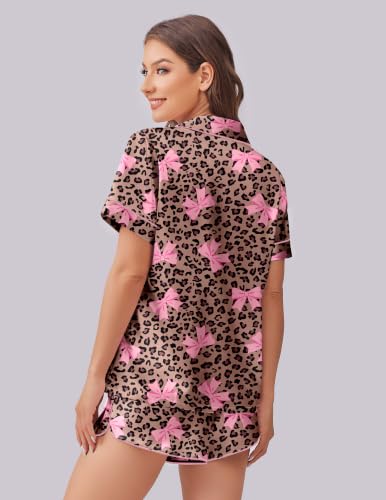 Image of Ekouaer Womens Silk Satin Pajama Set Print Short Sleeve Sleepwear Button Down Pjs Shorts Set Loungewear