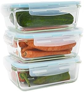 Glass Food Container Set (6 Pieces, 28 Oz, Rectangle) with Snap on Airtight Lids by Western Ridge Products