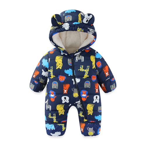JiAmy Tuta da neve invernale per neonati, con cappuccio a forma di orso, per bambini, in pile caldo, da 3 a 24 mesi, Blu...