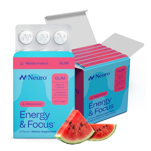 Image of Neuro Energy & Focus Gum - 20mg Natural Caffeine Gum & Nootropic Energy Supplement with L-Theanine & B Vitamins - Sugar Free, Vegan - Watermelon, 54ct