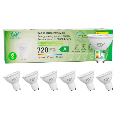 GY Bombilla Led GU10 4W(Equivalente a 60W), Luz Blanca Cálida 3000K, 720 Lúmenes, Ángulo de haz de 110°, No Regulable, Bombilla Bajo Consumo Clase A, Pack de 6