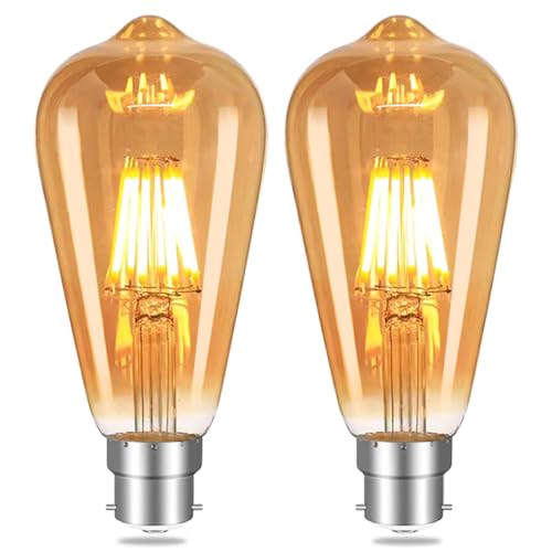 YOUDIAN Vintage Edison Light Bulbs,B22 Bayonet Cap LED Filament Bulbs,6W 2700K ST64 LED Bulbs,Amber Retro Style Energy Saving Filament Decorative Bulbs,600LM,220V,2 Packs