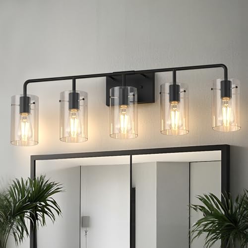Image of L LOHAS LED 5-Light Bathroom Light Fixtures, 33.85 inch Black Bathroom Vanity Light with Straight Glass Shades, Modern Vanity Lights for Bathroom Light Fixtures Over Mirror Living Room Hallway, E26, ETL
