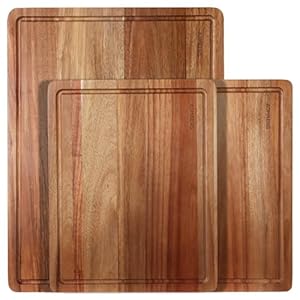 Wood Cutting Boards Set of 3 for Kitchen, Thick Chopping Board, Large Wooden Cutting Board Set with Deep Juice Groove and Handles, Wooden trays for meat, fruit and cheese (20×15, 15×12, 15×8 inch)