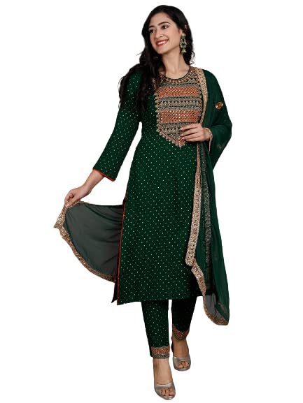 Trend MattersIndian Women's Green Rayon Kurta Pant And Dupatta Set
