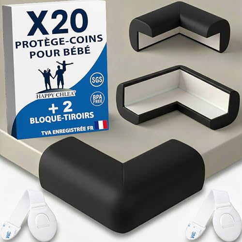 Happy Chlea Coin de Table Protection Bébé – 20 Protège-Angles Autocollants en Mousse NBR, Protection Anti-Choc pour Tables et Meubles + 2 Bloque-Tiroirs...