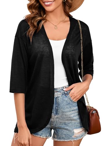 Image of Heymoments Cardigan for Women Black XX-Large Draped 3 /4 Sleeve Open Front Lightweight Casual Soft Drape Summer Fall Kimonos Cardigans