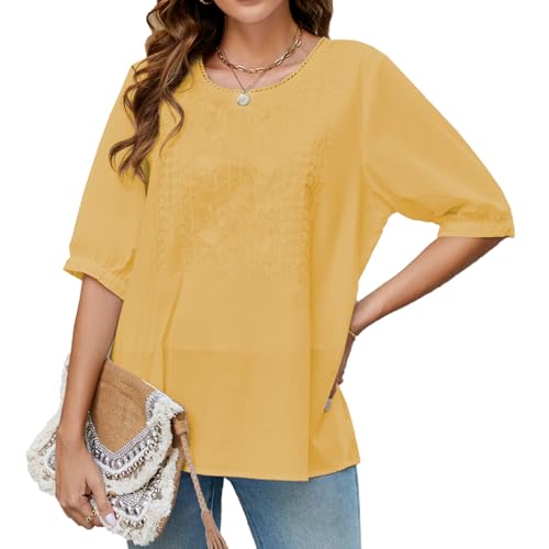 Coruja Womens Cotton Shirt Half Sleeve Embroidered Tops Bohemian Style Loose Round Neck Plus Size Casual Tee Blouses (UAE/KSA Alpha S Regular Regular Yellow-630)
