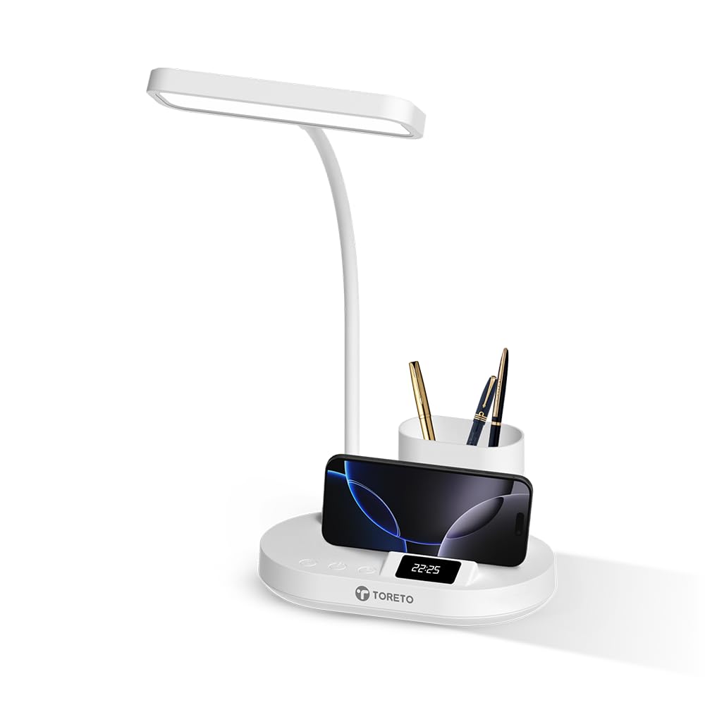 Toreto London Smart LED Desk Lamp with Digital Clock, 45-Min Timer, 3 Light Modes, Detachable Pen Holder, Touch Control, Type-C Charging, ABS Body (White)-image-33