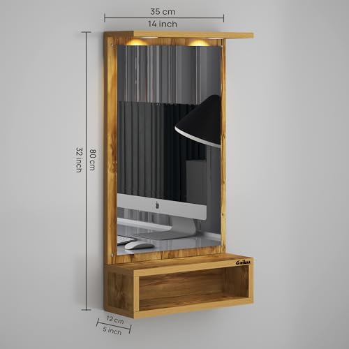 Image of Anikaa Jinny LED Light Wall Hanging Dressing Mirror Home Decor Wall Mirror Decorative Wall Mirror for Living Room Bedroom - Gaintwood (D.I.Y - Do-It-Yourself), Rectangular, Brown