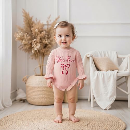 Baby Girl Sweater Romper She's Here Chunky Knit Jumper Ruffle Bodysuit Cute Newborn Fall Winter Clothes Announcement3