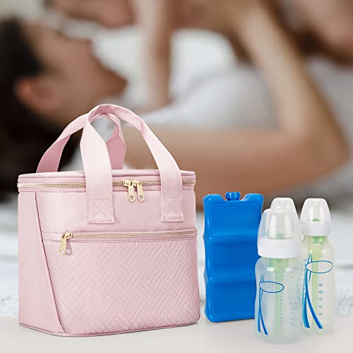 Fasrom Breastmilk Cooler Bag With Ice Pack Fits 6 Tall Baby Bottle Up To 9 Ounce For Milk Storage, Large Insulated Bottle Bag With Pockets For Nursing Moms Daycare Or Travel, Pink (Patent Design) #TOP7