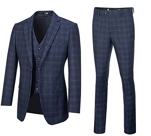 Men's Suit Navy Blue Plaid Suit For Men Slim Fit Formal Bussiness Wedding Party Suit Prom Vintage Suit Blazer Vest Pants S #TOP6
