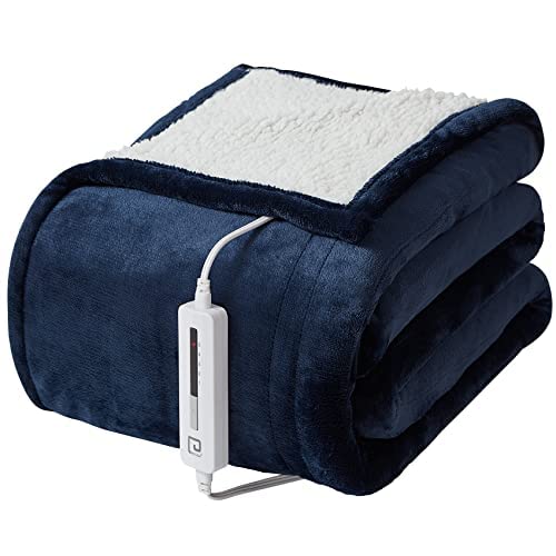EHEYCIGA Heated Blanket Electric Blanket Twin - Heating Blanket with 5 Heating Levels & 10 Hours Auto Off, Soft Cozy Sherpa Washable Blanket with Fast Heating, 62 x 84 Inches, Navy Blue