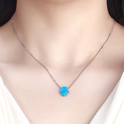 Hamsa Hand Pendant Necklace Sterling Silver Created Fire Opal Adjustable Cable Box Chain in 16"-18"2
